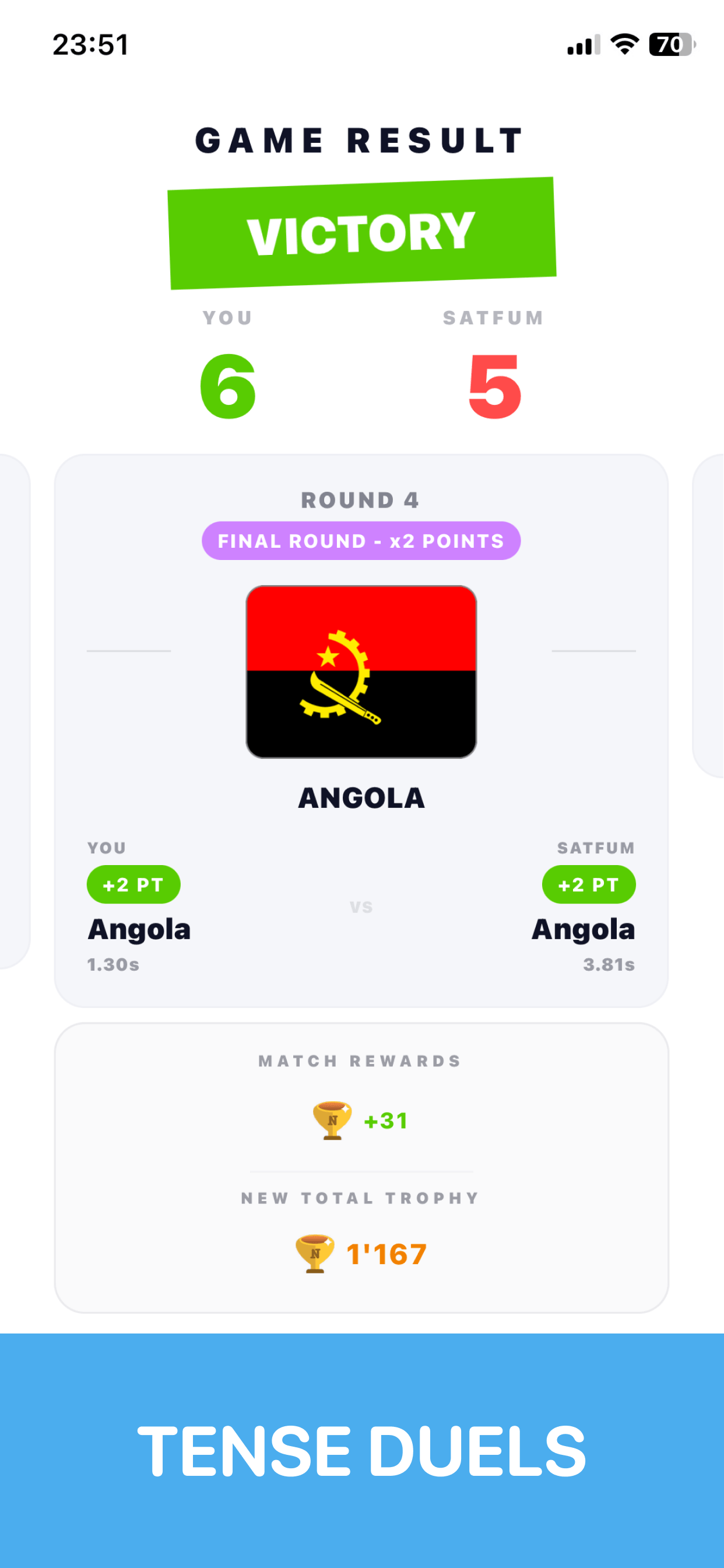 Clash of Nerds trivia duel against a real player